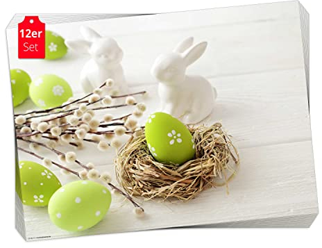 Tischset, Platzset - Osterdeko mit weißen Osterhasen - 12 Stück Made in Germany, 44x32cm aus speziellem Naturpapier in Aufbewahrungsmappe – die besondere Tischdeko für Frühling, Ostern & Blumen
