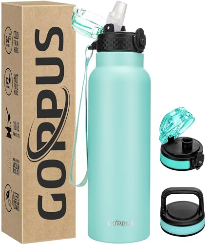 GOPPUS 750ml/26oz Stainless Water Bottle with Straw Double Wall Insulated Bottles with Strap Reusable Vacuum Thermal Flask Leakproof Keep Cold Drinks Bottles with Flip Top Lid for Men Women BPA Free