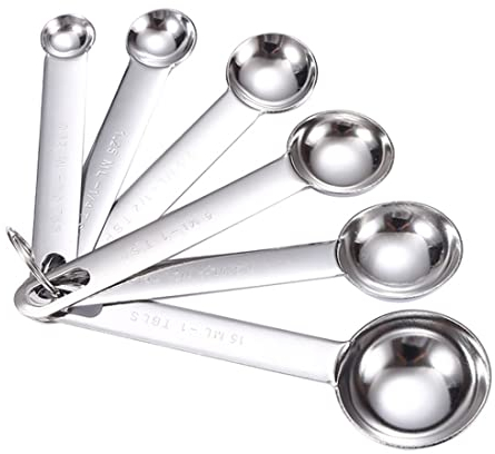 DULSPUE cuchara medidora gramos - Juego 6 Piezas Plata Espejo Redondo de Acero Inoxidable Pulido 1/8 TSP, 1/4 TSP, 1/2 TSP, 1 TSP, 1/2 TBLS y 1 TBLS Cucharas de medida para hornear