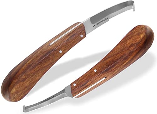 Profi Hufmesser 2er Set für Pferde Beidseitig Scharfe Klingen Dünn und Breit Klauenmesser Rinnmesser Rinder Hufpflege Hufschmied Werkzeug mit gebogenen Haken Spezialstahl Rostfrei Ergonomischer Griff