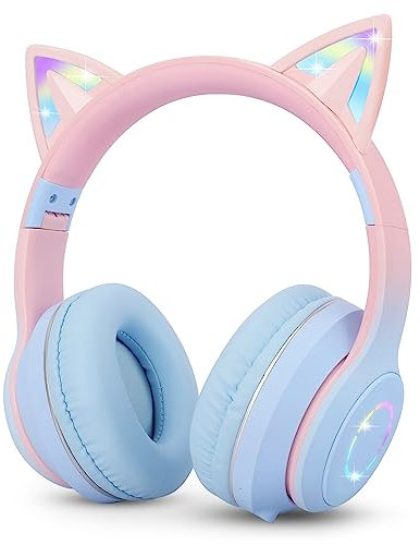 Sendowtek Kids Wireless Headphones, Over Ear Cat Earphone with Flashing Lights Built-in Mic Cute Bluetooth Headphones for Girls Adults Travel Plane