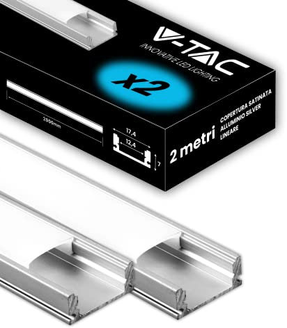 V-TAC 2x Profili per Strisce Led da 2 METRI in Alluminio - (4 Metri Totali) - Profili per Strisce LED con Copertura Opaca - Ingombro massimo Striscia Led 12,4 mm - Dimensioni 17,4 mm x 7 mm