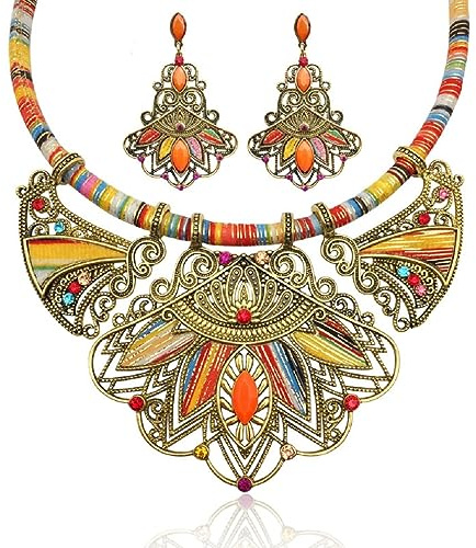 YAZILIND Klobige Halskette und Ohrringe für Damen, Bohemian-Kette, Tribal-Schmuck-Set, handgefertigt, geometrischer Charm, Lätzchen, Choker-Halsketten, Kein Edelstein