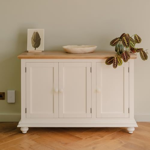 Statement Furniture Shire White 3 Door Sideboard with Solid Oak Top, Large Buffet Table, Storage Cupboard Cabinet W120cm