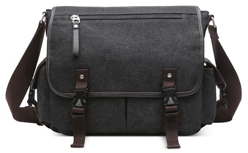 DEEVORCA Vintage Canvas Schultertasche Herren Messenger Bag für 17.3 zoll Laptop Mehrere Taschen Kuriertasche für Urlaub Lässig Geschäftsreise Täglich Leinwand Herren Umhängetasche Schwarz