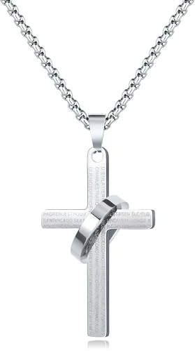 CyxenNova Kreuz Kette Herren Halskette Mit Ring, Edelstahl Silberkette Mit Anhänger, Königskette Silber, Kruzifix Mit Schriftzug, Schmuck Geschenke