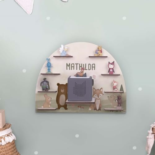 Tonie Regal Aquarell Personalisiert - Tonieregal für Mädchen & Jungen aus Holz - Toniebox Regal - Kinderregal Hörspielbox & Tonies Aufbewahrung - Regal Kinderzimmer 50 x 38 cm (Waldtiere)