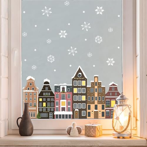 Sichtschutzfolie Weihnachten Winter Fenster Küche Winterstadt Giebelhäuser wiederverwendbare Fensterfolie Weihnachtsdeko, 100 cm hoch, 50 cm breit