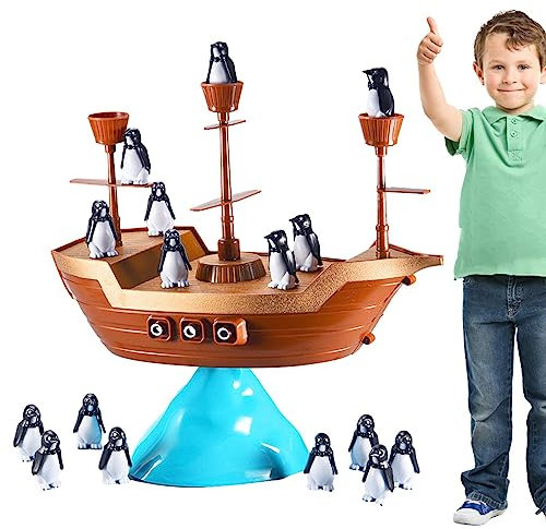 itrimaka 2 Pinguin-Gleichgewicht | Vorschul-Brettspiele mit Piratenschiff-Pinguin-Blöcken | Piratenschiff-Spielzeug, Pinguin-Piratenboot-Balancing-Spiel für Familien-Brettspiele