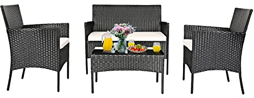 COSTWAY Salon de Jardin 4 Pièces en Rotin PE Charge 180-360KG, Ensemble de Meubles d'Extérieur avec Coussins Amovibles et Table Basse en Verre Trempé pour Patio Balcon Terrasse, Noir+Blanc