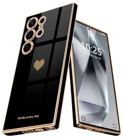 Teageo for Samsung S24 Ultra Case Cute Heart Pattern for Women Girls Slim Luxury Bling Plating Soft TPU Anti-Scratch Shockproof Bumper Phone Case for Samsung Galaxy S24 Ultra 5G, Black
