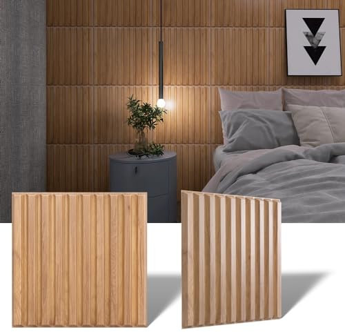 Pannelli da parete lamellari 3D, piastrelle in finto legno PVC, pannelli 3D scanalati testurizzati per decorazione di pareti interne, set di 12 piastrelle, 50 x 50 cm, noce