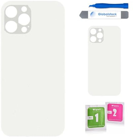 Globalstock Vitre arrière de Cache Batterie Remplacement - Coque Cache Batterie Compatible pour iPhone 12 Pro Max Blanc + adhésif et Kit Outils