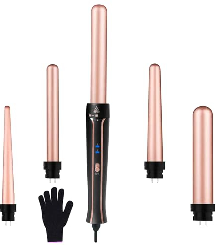 Unipampa Rizador de Pelo Profesional, 5 en 1 Rizador Pelo, Planchas Rizadoras 9– 32 mm, 150 ° C / 210 ° C Temperatura Ajustable, Barriles Intercambiables Revestimiento de Cerámica, con Guantes
