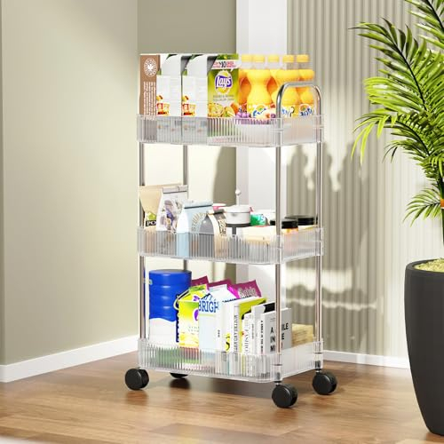 Lvhecforhm Rollwagen mit 3 Etagen, Aufbewahrungswagen Acryl, Mobiles Regal Organisation mit Rädern, Transparenter Badezimmer-Wagen-Organizer, Waschküche, Lagerwagen für Wohnzimmer, Schmale Orte