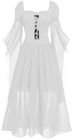 Cokbyavla Robe médiévale Renaissance pour femmes avec corset, robes irlandaises pour femmes, robes renaissance pour femmes, tenue de soubrette violette pour hommes, col rétro des années 50, blanc, S