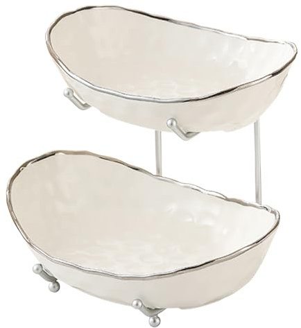 AYES Fruit Bowl, 2-Tier Large Ceramic Fruit Basket with Metal Stand Tiered Decorative Space Saver Fresh Fruit Serving Bowls for Kitchen Countertop Tabletop Parties Display (Silver 2-Layer)