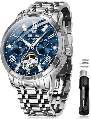 OLEVS Automatikuhren für Herren, selbstaufziehend, mechanisches Skelett, luxuriöses Kleid, Edelstahl, Diamanten, Herren-Armbanduhren, 6701: Silbernes Armband und blaues Zifferblatt, Armband