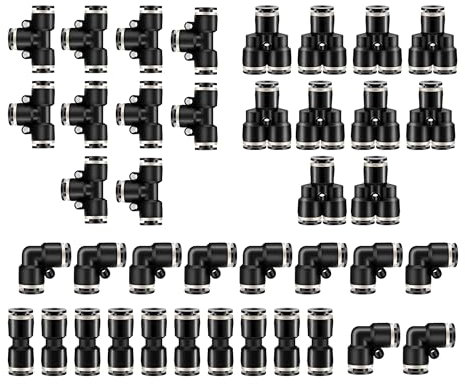 HAXIHA 40 Pièces 1/4 Connecteur Pneumatique,OD 6mm Raccord Rapide Air Comprimé,10 Straight 10 Coudes 10 Té 10 Séparateurs Noir