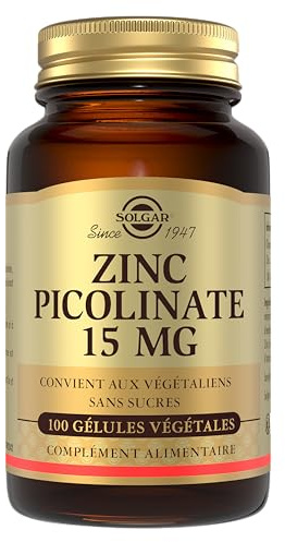 Solgar Zinc Picolinate 15mg - Défenses immunitaires - Zinc hautement assimilable - Nutriment Clé - Complément Alimentaire - Flacon de 100 gélules végétales