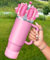 OffiEase Bow Accessories for Stanley Cup 40 30 oz - Cute Pink Bow Straw Cover Lid Topper Diamond Caps Silicone Boot Sleeve Decor for Stanley Water Bottle Tumbler