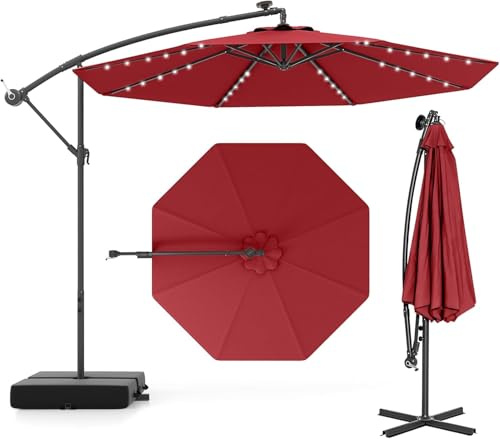 RELAX4LIFE Ampelschirm 300 cm mit 40 LED-Solar-Beleuchtung, Sonnenschirm Neigbar mit Kurbel, Kurbelschirm mit Ständer Sandsäcke(2 x Beutel befüllbar), Gartenschirm UV-Schutz (Weinrot)