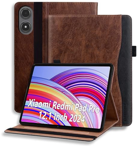 ONETHEFUL Hülle für Xiaomi Redmi Pad Pro 12.1 Zoll 2024, Premium PU Leder Business Multi-Winkel Folio Schutzhülle Dokumentschlitze Tablet case für Xiaomi Redmi Pad Pro 12.1'' Braun