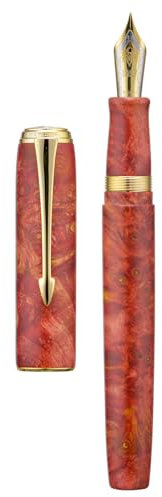Hongdian A7 Stabilized Wood Fountain Pen, Fine Nib Chinese Knot Carving Handcraft Pen with Converter and Metal Box Set (Coral Red)