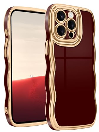 Teageo Hülle für iPhone 14 Pro Galvanisierte Wellenform, Weinrot | Golden Rand Stoßfest Luftpolsterschutz Kameraschutz Phone Case
