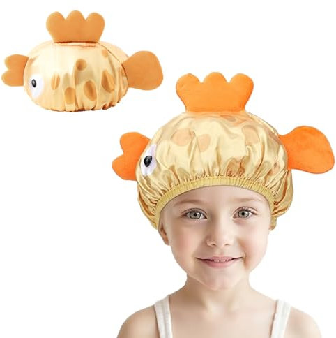 Flomiara Shower Cap for Kids, Kids Shower Caps for Girls, Cute Hair Cap Wide Elastic Band, Reusable Waterproof, Bath Cap for Girls Boys, Shape Happy Fish Interesting,Satin Sleep Bonnet Yellow