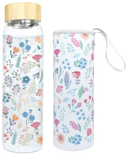 Borraccia in Vetro da 1 L/1000 ml, Bottiglia Vetro con Bocca Larga 5,5 cm,Coperchio Protettivo Filtro Acciaio Inox,Senza Bpa,Borraccia Tenuta Stagna Adatta Bevande Gassate,Bottiglia Vetros (Viola)