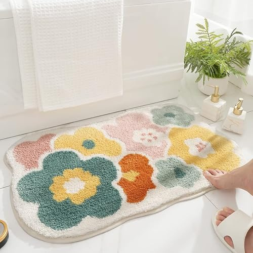 Trlyane Badteppich 50 x 80 cm, Rutschfester Badvorleger, Blumenmuster