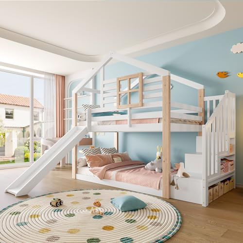 ZIDEY Etagenbett mit Rutsche und Stauraum Treppe, Kinderbett Hausbett mit Lattenrost & Geländer, Stockbett Holzbett Hochbett, für Jungen, Mädchen, Ohne Matratze