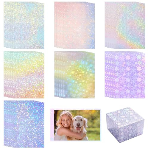 GOTRUST Papel Adhesivo Holográfico A4 Imprimible, 35 Hojas Holográficas Adhesivas 7 Modelos, Vinilo Holográfico Transparente para Bricolaje Manualidades Ventanas Scrapbooking