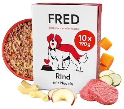 FRED Hundefutter Rind mit Nudeln 10 x 190 g I Monoprotein Nassfutter mit Muskelfleisch I Schonend gegart & gut verträglich I Mit Gemüse & Apfel I Alleinfuttermittel für ausgewachsene Hunde