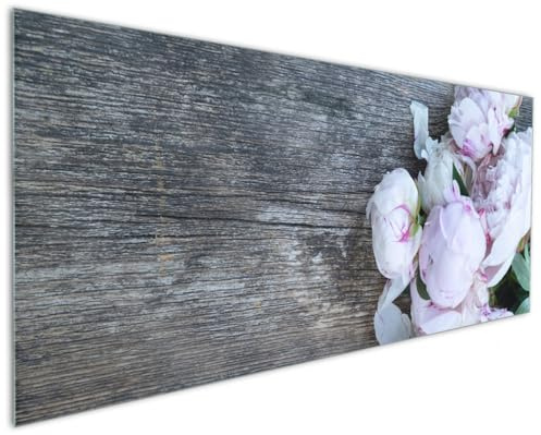 Wallario Küchenrückwand aus Glas 125 x 50 cm, Motiv: Pinke Blumen auf Holz | Spritzschutz abwischbar & pflegeleicht