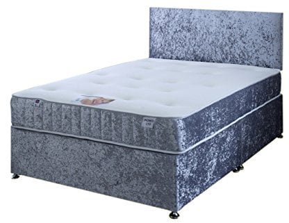 4FT Small Double Silver Crushed Velvet Divan Bed Set Including Luxurious Sprung Memory Foam Mattress And Headboard