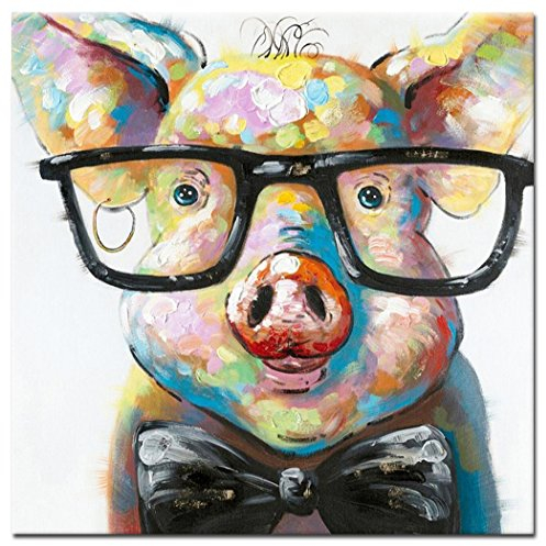 Fokenzary handbemalt Cute Pig mit Brille Pop Art Wand Leinwand Gemälde gerahmt fertig zum Aufhngen 16x16in