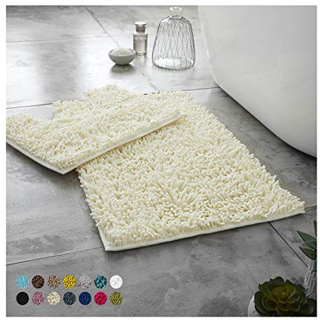 Lions Luxury 2 Piece Loop Bath Mats for Bathroom - Non Slip Chenille Bath Mat Set Rugs, Extra Soft with Water Absorbent Pedestal Bathmat Shower Toilet Mat, Cream
