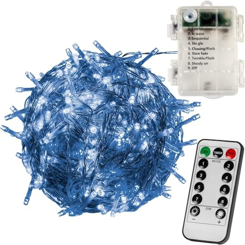 VOLTRONIC LED Lichterkette, IP44, Batteriebetrieben, Modell- und Farbwahl, 100 LEDs, Transparentes Kabel, kaltweiß, Fernbedienung