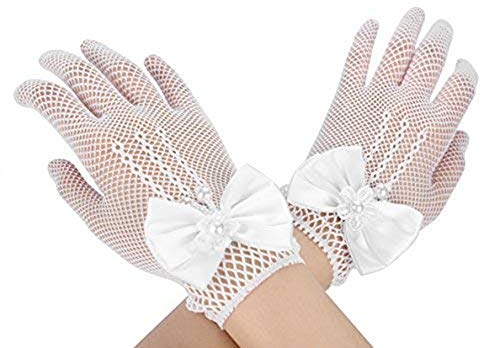 LONTG Damen Brauthandschuhe Frauen Mädchen Braut Sommer Netzhandschuhe Sonnenschutz weich kurz Abendhandschuhe Schöne elastisch mit Bogen weiß Spitzenhandschuhe für hochzeit halloween party
