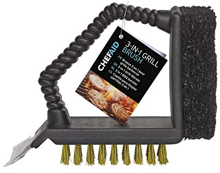Chef Aid 3-in-1 Grillbürste - Messingbürste, Metallkratzer und Scheuerschwamm für eine effektive Reinigung - Langlebiger Griff, einfach zu verwenden
