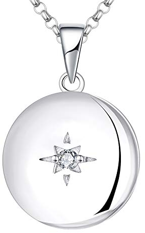 JO WISDOM Damen Halskette Medaillon Photo Bilder Amulett Silber 925,Kette Anhänger Polarstern 3A Zirkonia April Geburtsstein,Schmuck für Frauen