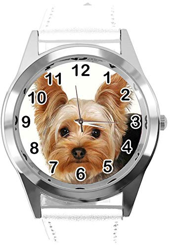 TAPORT® Watch Analogue Quartz with Real Leather Band White Round for York Terrier Fans