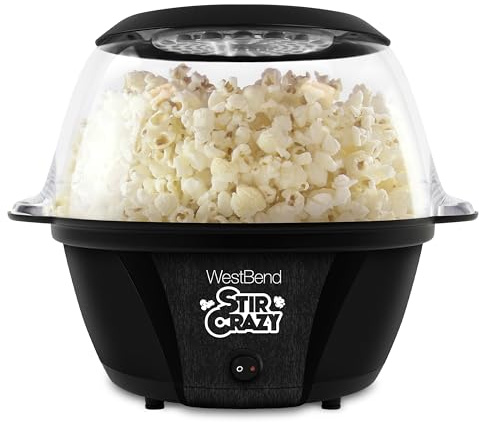 West Bend 82707B Stir Crazy Hot Oil Popcorn Popper, Popcorn Maker Machine with Large Serving Bowl Lid and Stirring Rod, 6 Qt, Black