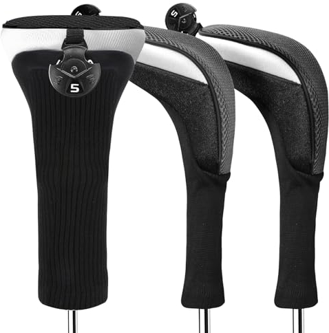 FINGER TEN Golf Club Head Covers Woods Hybrids Long Cover, Headcovers with Interchangeable No. Tags Fit All Hybrids Wood Clubs Light Durable (Black-3 Pack Hybrid Covers)