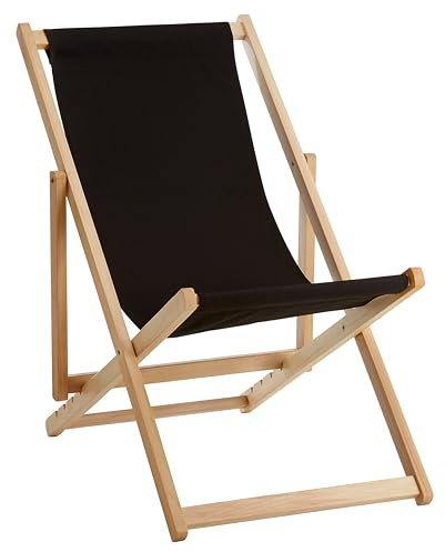 Premier Housewares Beauport Folding Wooden Deck Chair, Beach Chair, Outdoor, Camping, Picnic, Black