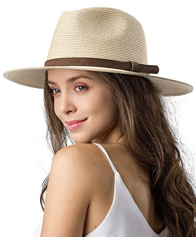 FURTALK Sun Hats for Women Men Adjustable Summer Panama Fedora Wide Brim UPF 80+ Foldable Packable Straw Beach Hat, Beige-Khaki Belt, M-L