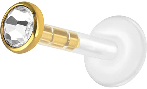 PIERCINGLINE Bioplast Labret-Piercing mit Plug-in System - Kristallstecker aus Chirurgenstahl - Piercing Nase Ohr Lippe - Goldfarben