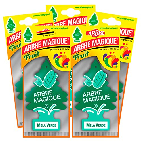 Arbre Magique Mono, Auto-Lufterfrischer, grüner Apfel, angenehmer und erfrischender Duft, hält bis zu 7 Wochen, hergestellt in Italien, Packung mit 5 Stück